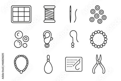 Beading Craft Icons. Outline icon set of beading crafts: bead organizer, thread spool, beading needle, seed