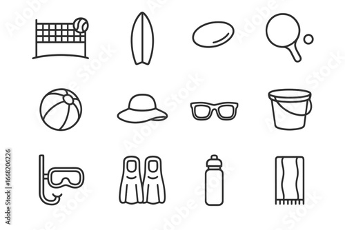 Beach Sports Icons. Outline icon set of beach sports: beach volleyball, surfboard, frisbee, paddleball racket,