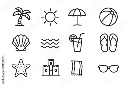 Beach Travel Icons. Outline icon set of beach travel guides: palm tree, sun, umbrella, beach ball, seashell,