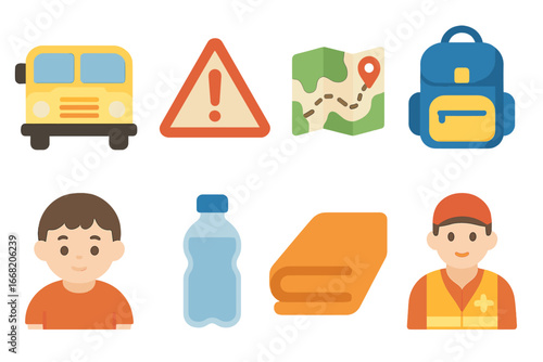Emergency Evacuation Kit. Flat vector mini-illustrations Emergency evacuation in colors children's