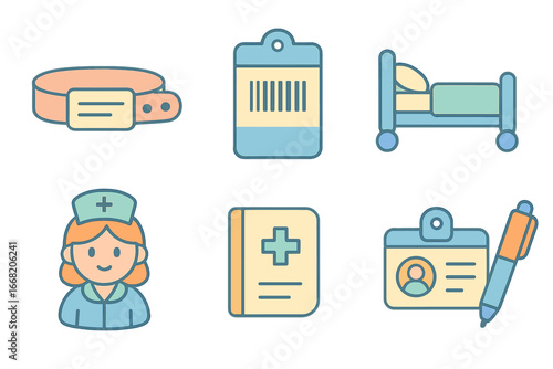 Children's Medical Illustrations. Flat vector mini-illustrations Patient ID wristband in colors children's