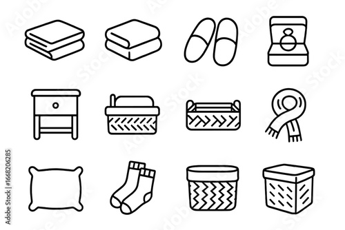 Bedroom Storage Icons. Outline icon set of bedroom basket storage: folded clothes, blanket, slippers, jewelry