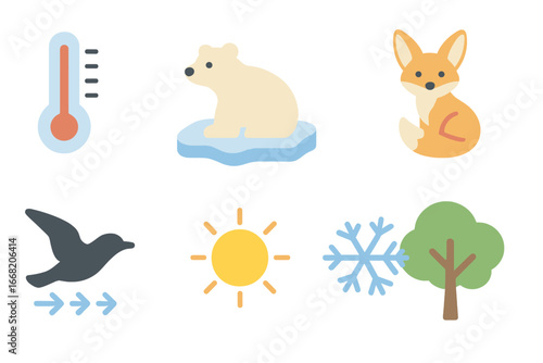 Wildlife and Weather Icons. Flat vector mini-illustrations Temperature fluctuations and their effects on