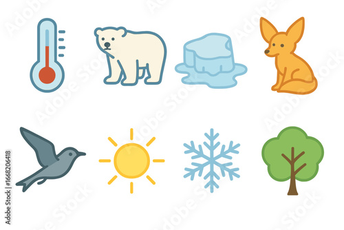 Wildlife and Weather Icons. Flat vector mini-illustrations Temperature fluctuations and their effects on