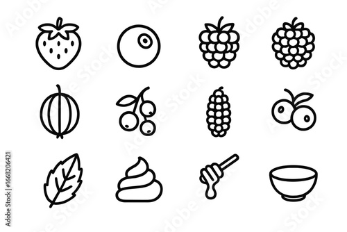 Berry Blend Icons. Outline icon set of berry blend: strawberry, blueberry, raspberry, blackberry, gooseberry,