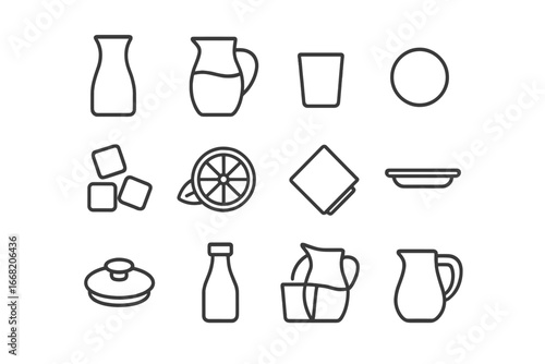 Beverage Essentials Icons. Outline icon set of beverage serving essentials: water carafe, juice pitcher, glass