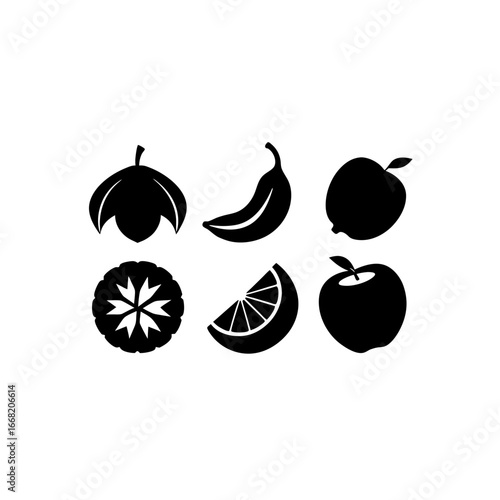 6 different peeling fruits silhouette vector icons