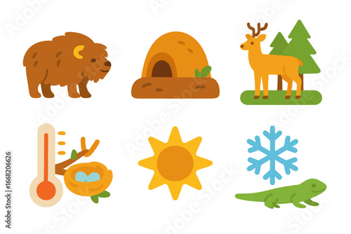 Wildlife Adaptations Grid. Flat vector mini-illustrations Wildlife adaptation to temperature changes in colors