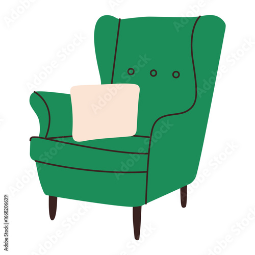 Cozy armchair. Modern upholstered lounge chair with wooden legs scandinavian style, fabric soft seats in trendy retro design. Vector flat illustration