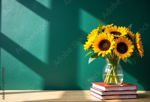 Back to school concept. Teachers' Day. A bouquet of sunflowers stands on a school desk, stack of books. Educational atmosphere.