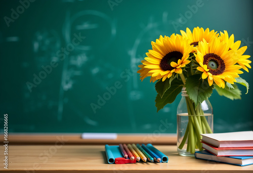 Back to school concept. Teachers' Day. A bouquet of sunflowers stands on a school desk, stack of books. Educational atmosphere.