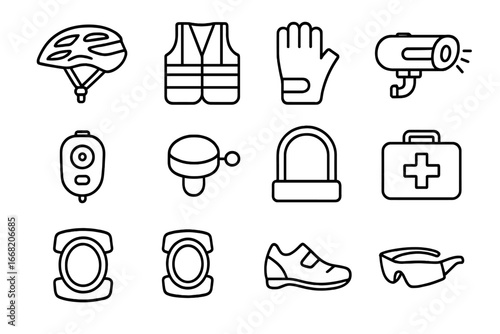 Bike Safety Icons. Outline icon set of bike safety: helmet, reflective vest, gloves, front light, rear light,