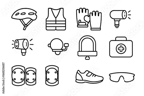 Bike Safety Icons. Outline icon set of bike safety: helmet, reflective vest, gloves, front light, rear light,