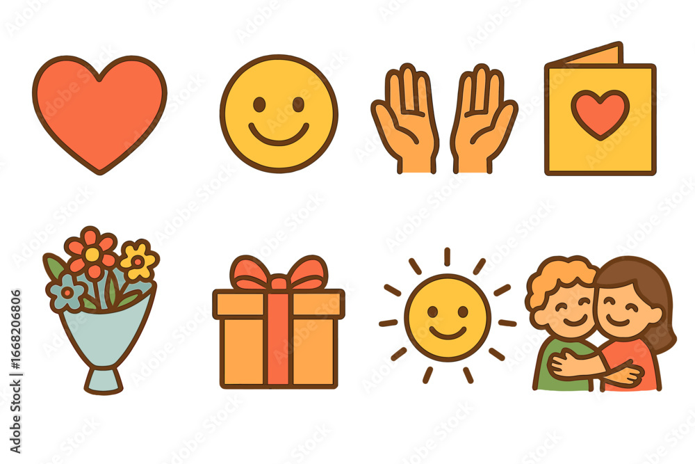 Fototapeta premium Gratitude Icons for Kids. Flat vector mini-illustrations Gratitude in colors children's illustrations: heart