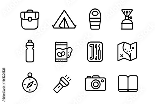 Bike Touring Essentials. Outline icon set of bike touring essentials: pannier, tent, sleeping bag, camp stove,