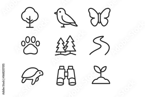 Biodiversity Icon Set. Outline icon set of biodiversity protection: tree, bird, butterfly, paw print, forest,