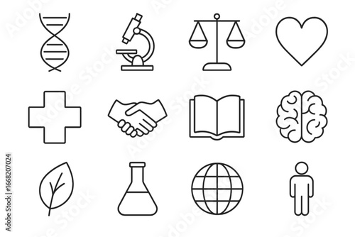 Bioethics Icon Set. Outline icon set of bioethics principles: DNA strand, microscope, balance scale, heart,