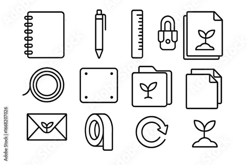 Biodegradable Office Icons. Outline icon set of biodegradable office supplies: paper notebook, cardboard pen,