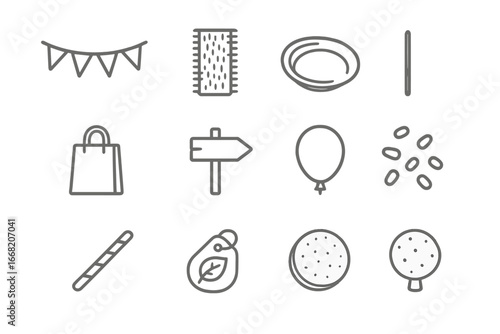 Biodegradable Supplies Icons. Outline icon set of biodegradable event supplies: paper banner, jute table