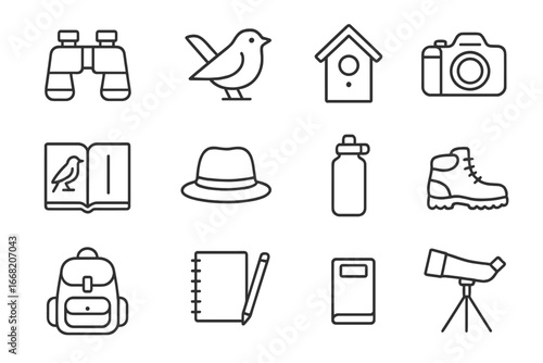 Birdwatching Icon Set. Outline icon set of birdwatching: binoculars, bird silhouette, birdhouse, camera, field