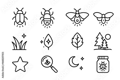 Bioluminescent Insect Icons. Outline icon set of bioluminescence in insects: beetle, glow abdomen, moth, wings