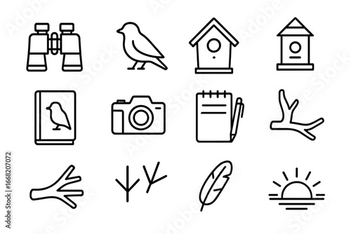 Birdwatching Icons Set. Outline icon set of birdwatching during a nature walk: binoculars, bird silhouette,