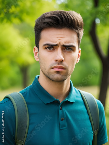Man with a scornful disdainful disrespectful look. Portrait of a young guy on nature background, feelings and people reaction.