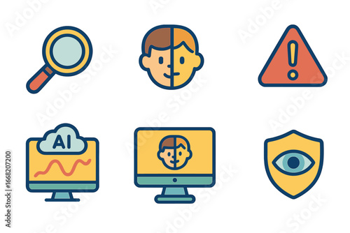 Deepfake Detection Icons. Flat vector mini-illustrations Identifying deepfakes in colors children's