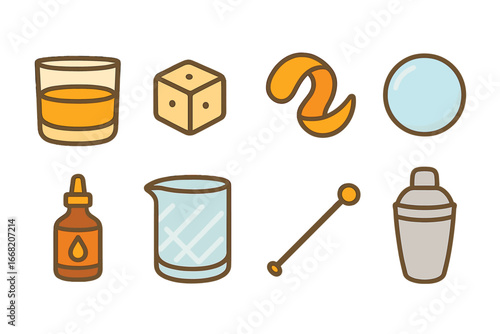 Whiskey Cocktail Icons. Flat vector mini-illustrations Whiskey-based craft cocktails in colors children's