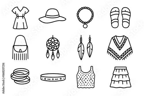 Bohemian Fashion Icons. Outline icon set of bohemian fashion: flowy dress, floppy hat, beaded necklace,