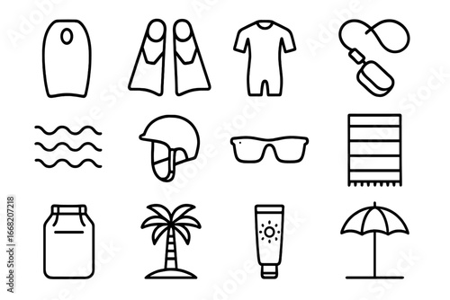 Bodyboarding Icon Set. Outline icon set of bodyboarding: bodyboard, fins, wetsuit, leash, waves, helmet,