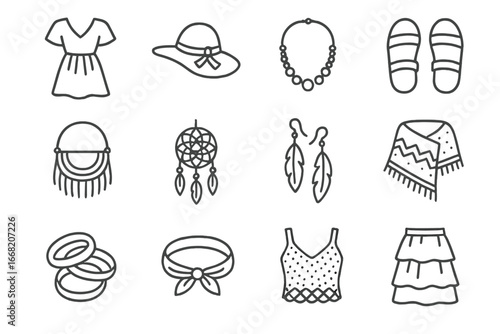 Bohemian Fashion Icons. Outline icon set of bohemian fashion: flowy dress, floppy hat, beaded necklace,