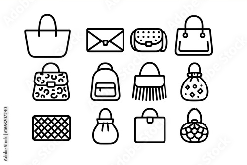 Bold Handbags Icon Set. Outline icon set of bold handbags: oversized tote, metallic clutch, studded crossbody,