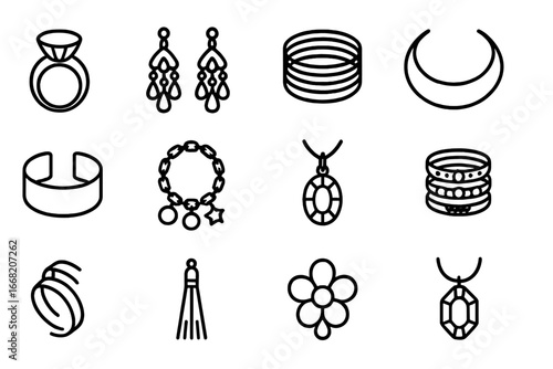 Bold Jewelry Icons. Outline icon set of bold statement jewelry: cocktail rings, chandelier earrings, layered