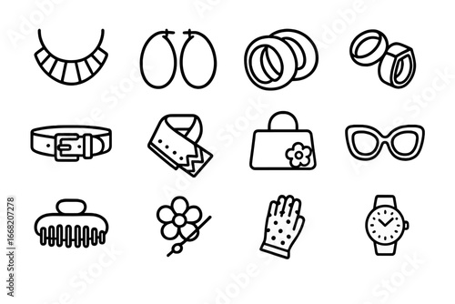 Bold Accessories Icons. Outline icon set of bold accessories: statement necklace, oversized hoop earrings,