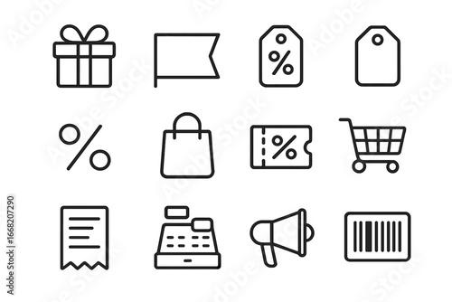 BOGO Icon Set. Outline icon set of buy one get one deals: gift box, sale banner, discount tag, price tag,
