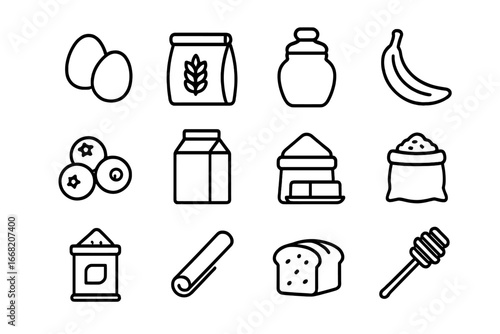 Breakfast Ingredient Icons. Outline icon set of breakfast ingredients: eggs, flour bag, sugar jar, banana,