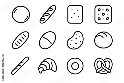 Bread Icons Collection. Outline icon set of bread and dough types: pizza dough ball, baguette, ciabatta,