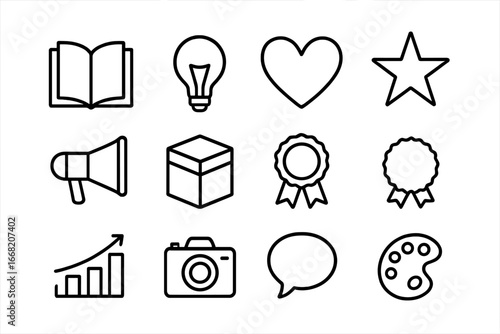 Brand Storytelling Icons. Outline icon set of brand storytelling: open book, light bulb, heart, star,