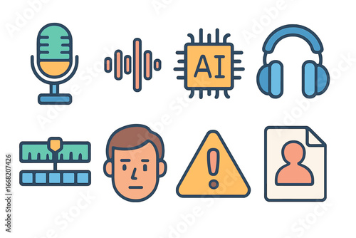 Audio Deepfake Icons. Flat vector mini-illustrations Audio deepfakes in colors children's illustrations: