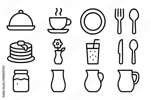 Breakfast Icon Set. Outline icon set of serving breakfast in style: tray, coffee cup, plate, napkin, pancake