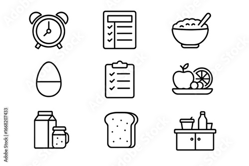Breakfast Planning Icons. Outline icon set of planning tomorrow’s breakfast: alarm clock, meal planner,