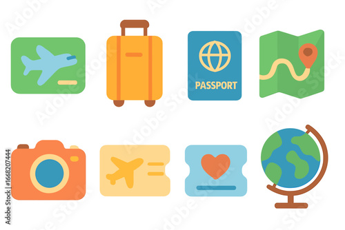 Travel Gift Icons. Flat vector mini-illustrations Travel experience gifts in colors children's illustrations: