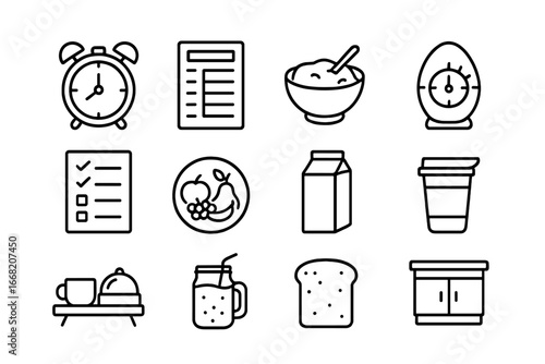 Breakfast Planning Icons. Outline icon set of planning tomorrow’s breakfast: alarm clock, meal planner,