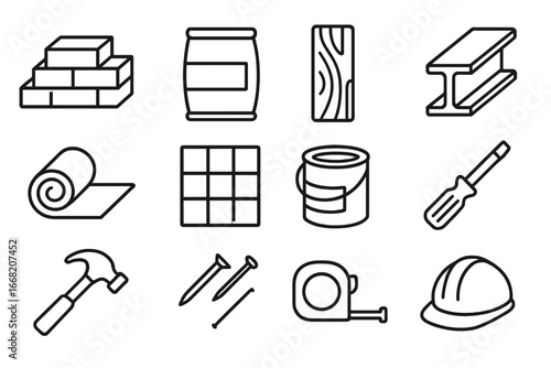 Building Materials Icons. Outline icon set of building materials flat lay: bricks, cement bag, wooden plank,