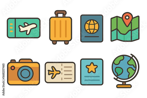 Travel Gift Icons. Flat vector mini-illustrations Travel experience gifts in colors children's illustrations: