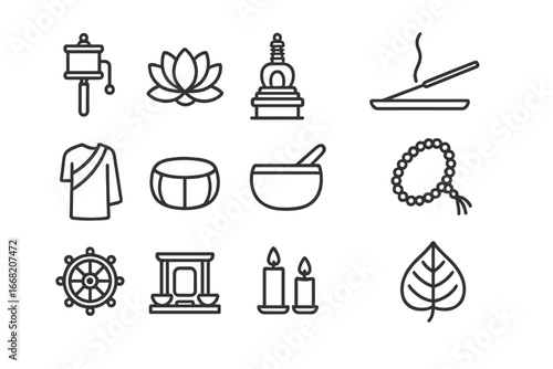 Buddhist Ritual Icons Grid. Outline icon set of Buddhist rituals: prayer wheel, lotus, stupa, incense holder,