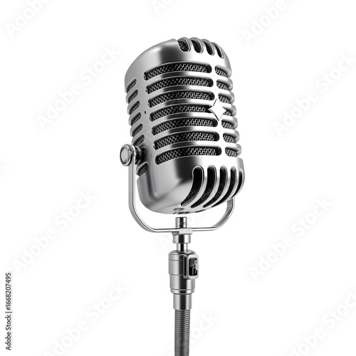 Highly detailed studio shot of a classic silver retro microphone. Professional audio equipment for broadcasting, podcasting, or singing, isolated on a pure white background