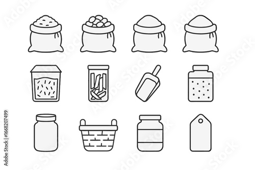 Bulk Food Storage Icons. Outline icon set of bulk food storage: rice sack, bean sack, lentil sack, flour sack,