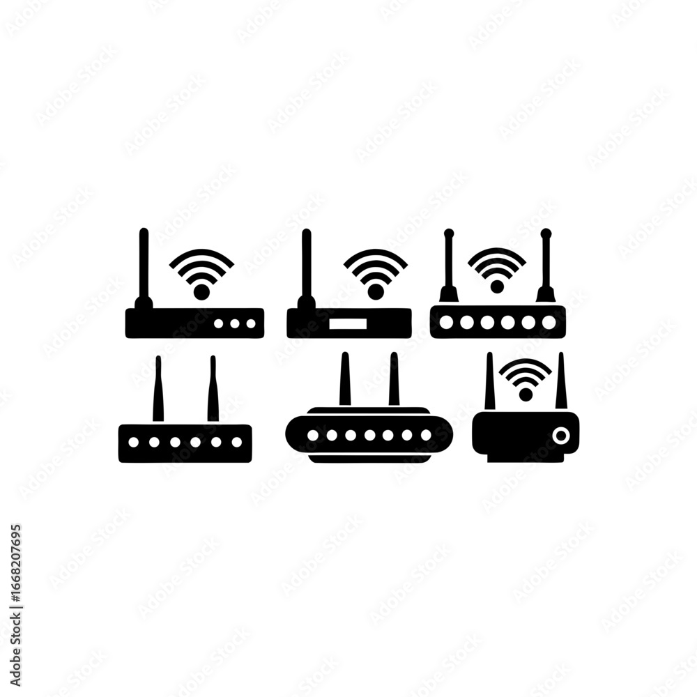 Naklejka premium 6 different router silhouette vector icons set